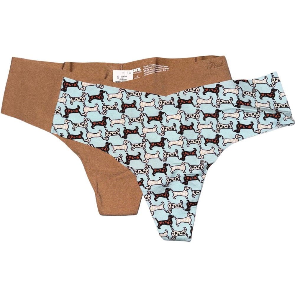Victoria's Secret PINK Thong No Show Panty Set Dogs/Bare Sz Large
